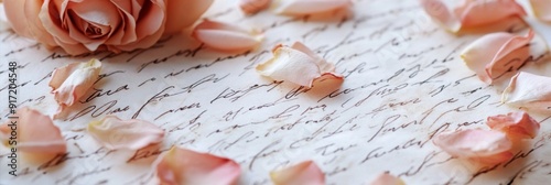 Timeless Romance: A Treasure Trove of Handwritten Memories on Aged Parchment, Embellished with Delicate Rose Petals and Echoes of Past Whispers photo