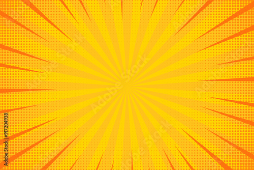 Yellow vintage background in pop art style. Bright striped cover for comic magazine. Retro halftone background. Vector illustration
