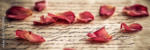 Timeless Romance: A Treasure Trove of Handwritten Memories on Aged Parchment, Embellished with Delicate Rose Petals and Echoes of Past Whispers photo