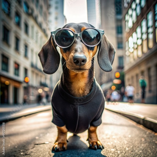 A stylish dachshund wearing sunglasses strolls down a bustling New York street during the day. Generative AI photo