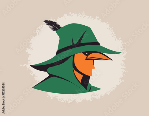 Robin Hood in a hat with feather. Defender of weak. Medieval legends. Heroes of medieval legends. Halftone background
