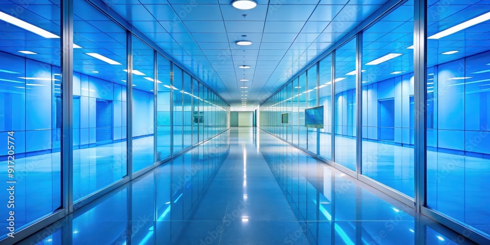 Empty bright blue hallway with glass wall , long, empty, bright, blue, hallway, glass, wall, corridor, modern Empty bright blue hallway with glass wall , long, empty, bright, blue, hallway, glass, wall, corridor, modern
