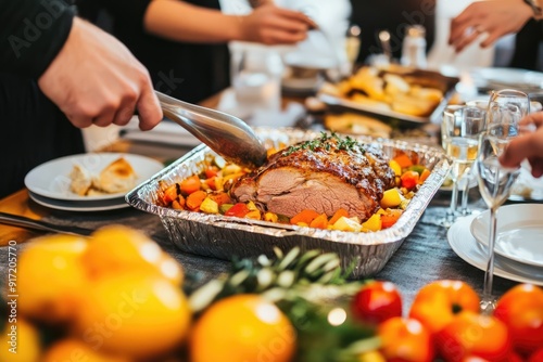 Family prepare dinner using oven.