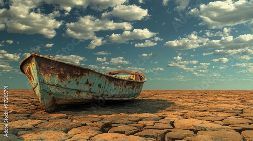 Stranded Boat in a Parched Lakebed: A Visual of Climate Change, Environmental Damage, and Global Warming's Catastrophic Impact