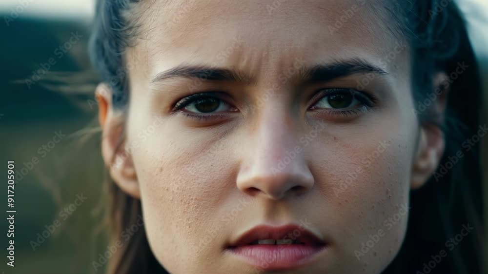 A young environmental warrior looks straight into the camera her expression determined and her message clear We Demand Change Now. A young environmental warrior looks straight into the camera her expression determined and her message clear We Demand Change Now.