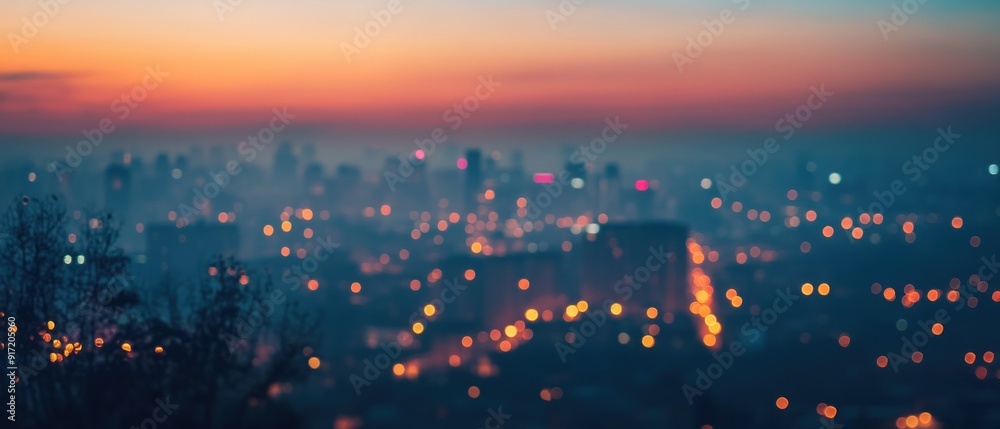 Fototapeta premium Out-of-focus Cityscape at Dusk with Warm Glow