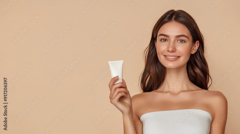 A confident woman with long brown hair holds a white skincare cream tube against a beige background. She is smiling and wearing a strapless top. A confident woman with long brown hair holds a white skincare cream tube against a beige background. She is smiling and wearing a strapless top.