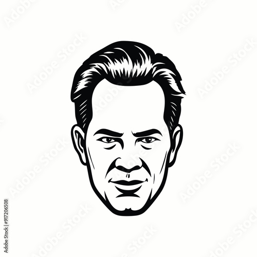 A funny cartoon vector illustration shows a smiling old man's face with black hair, a sketch-like drawing of a character's expressive eyes
