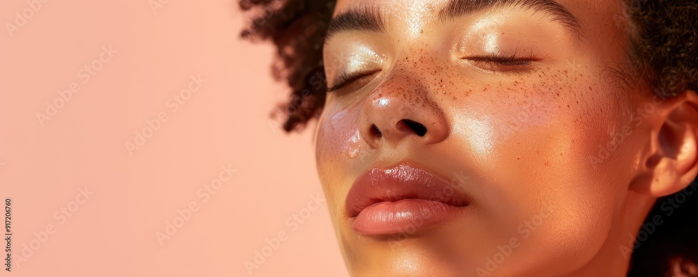 Close-up of a woman's face with glowing skin after applying moisturizer. Close-up of a woman's face with glowing skin after applying moisturizer.