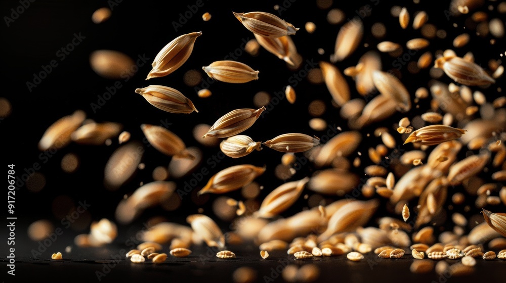 Dynamic Splash of Barley Grains in Mid-Air on Black Background Dynamic Splash of Barley Grains in Mid-Air on Black Background