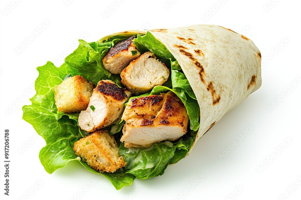 Caesar salad wrap with grilled chicken and croutons isolated on a white, top view Caesar salad wrap with grilled chicken and croutons isolated on a white, top view