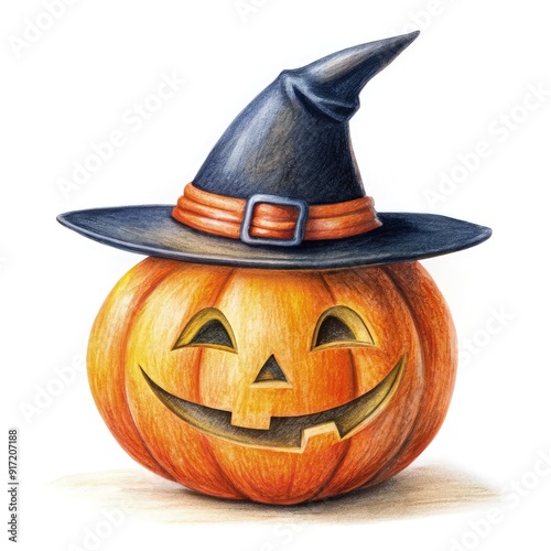 A cheerful pumpkin wearing a black witch hat sits ready for Halloween festivities, showcasing its carved smile and playful expression. Generative AI