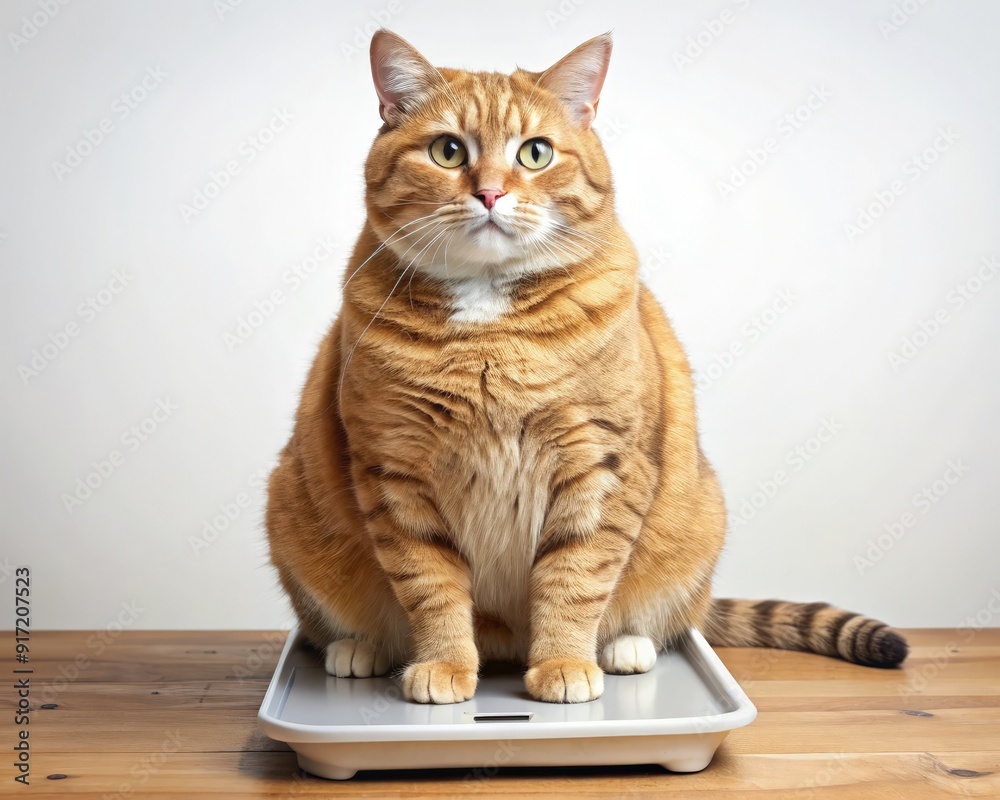 Fat cat sitting on a standard scale in a bright room during the afternoon, looking curiously at the camera. Generative AI Fat cat sitting on a standard scale in a bright room during the afternoon, looking curiously at the camera. Generative AI