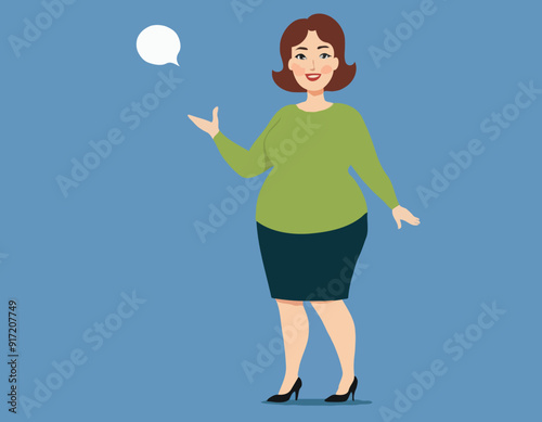 Plump middle age woman showing a way. Woman giving adwice. Cartoon vector illustration. Comic scene
