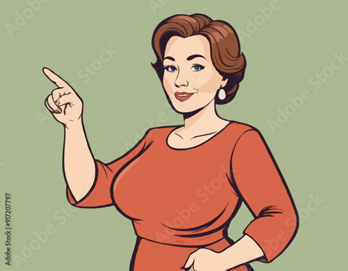 Plump middle age woman showing a way. Woman giving adwice. Cartoon vector illustration. Comic scene
