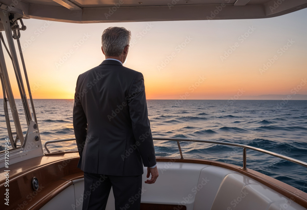 An senior man with dark suit on yatch An senior man with dark suit on yatch