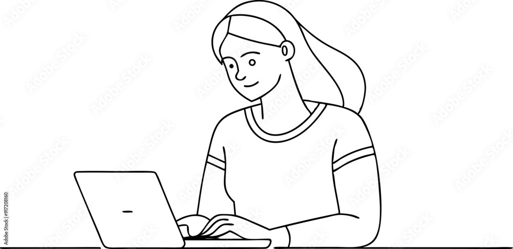 continuous single line drawing of female college student using laptop computer on her lap, line art vector illustration continuous single line drawing of female college student using laptop computer on her lap, line art vector illustration