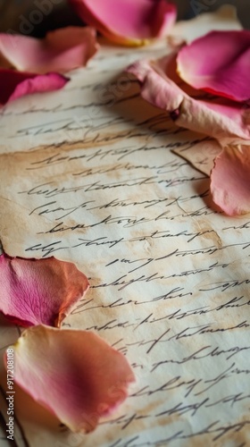 Timeless Romance: A Treasure Trove of Handwritten Memories on Aged Parchment, Embellished with Delicate Rose Petals and Echoes of Past Whispers photo