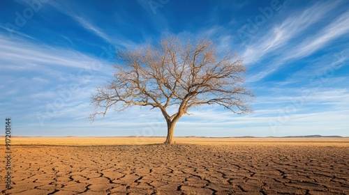 A bare tree stands alone on cracked, dry soil under a cloudy sky, highlighting drought, climate change, and arid conditions.	

