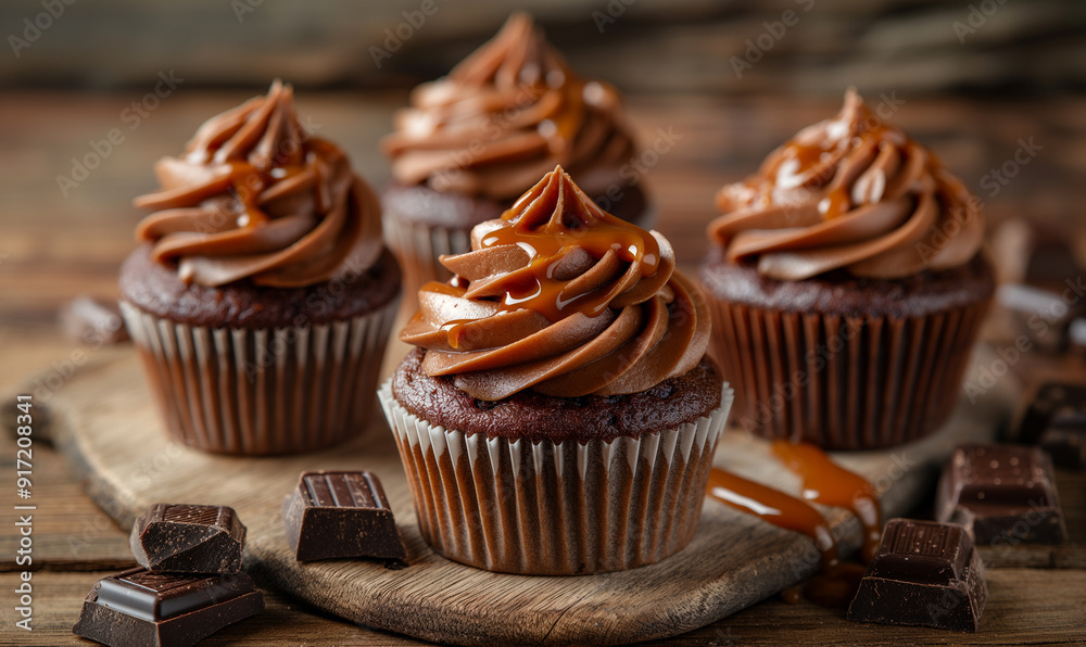 Cupcakes with chocolate cream on a textured marble background. Chocolate cake with cream and caramel. Chocolate drops. Sweets. Place for text. Copy space. Cupcakes with chocolate cream on a textured marble background. Chocolate cake with cream and caramel. Chocolate drops. Sweets. Place for text. Copy space.