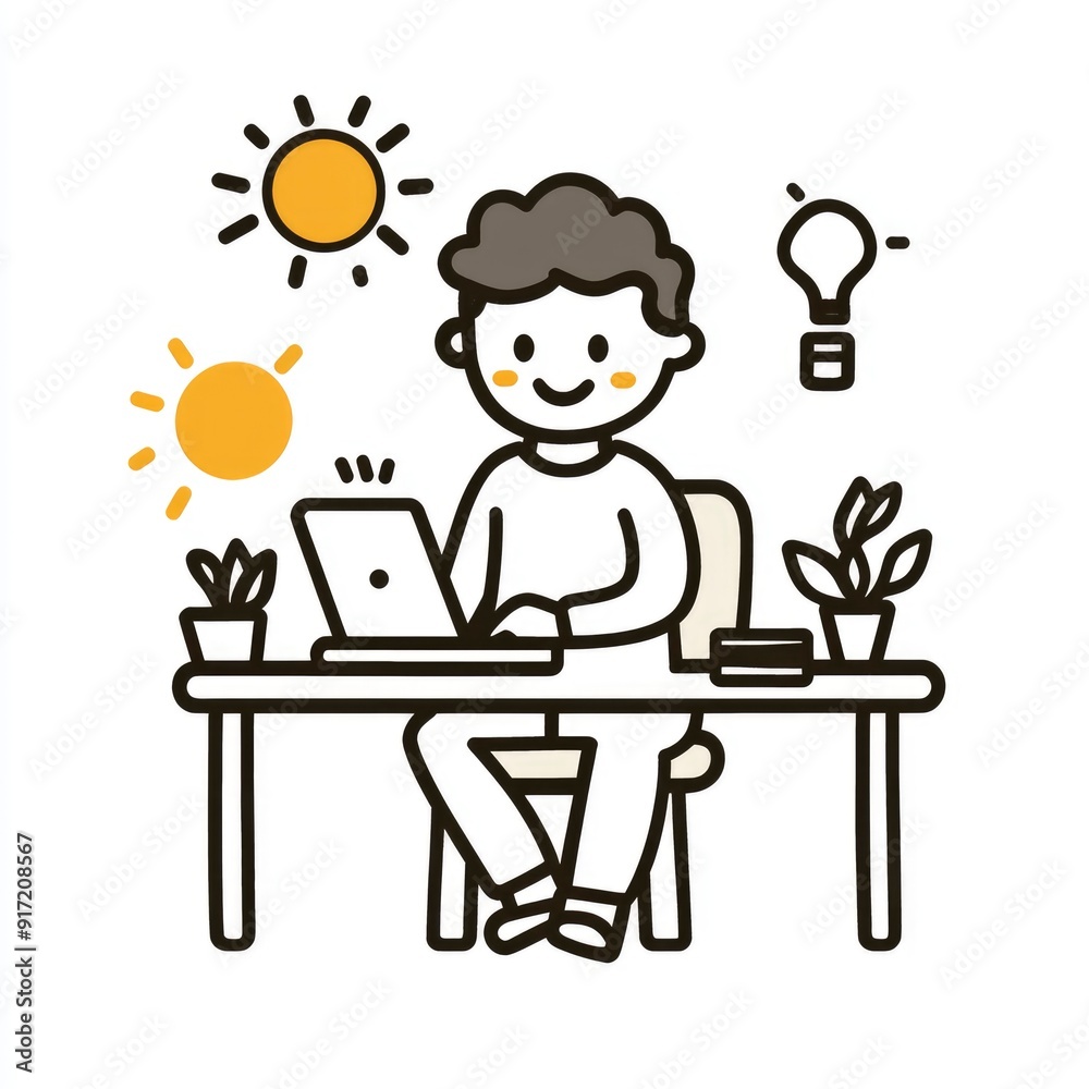 Happy Man Working on Laptop at Desk with Sun and Lightbulb Illustrations Happy Man Working on Laptop at Desk with Sun and Lightbulb Illustrations