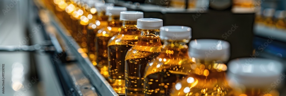 Golden alcohol bottles with caps being transported on a conveyor Golden alcohol bottles with caps being transported on a conveyor