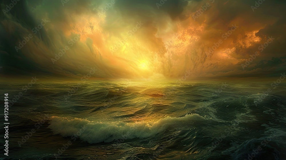 Obraz premium A rough and heavy sea in a thunderstorm. Large crashing ocean wave with white foam at sunset of the day. A force of nature. Digital art. Illustration for for cover, card, postcard, interior design.