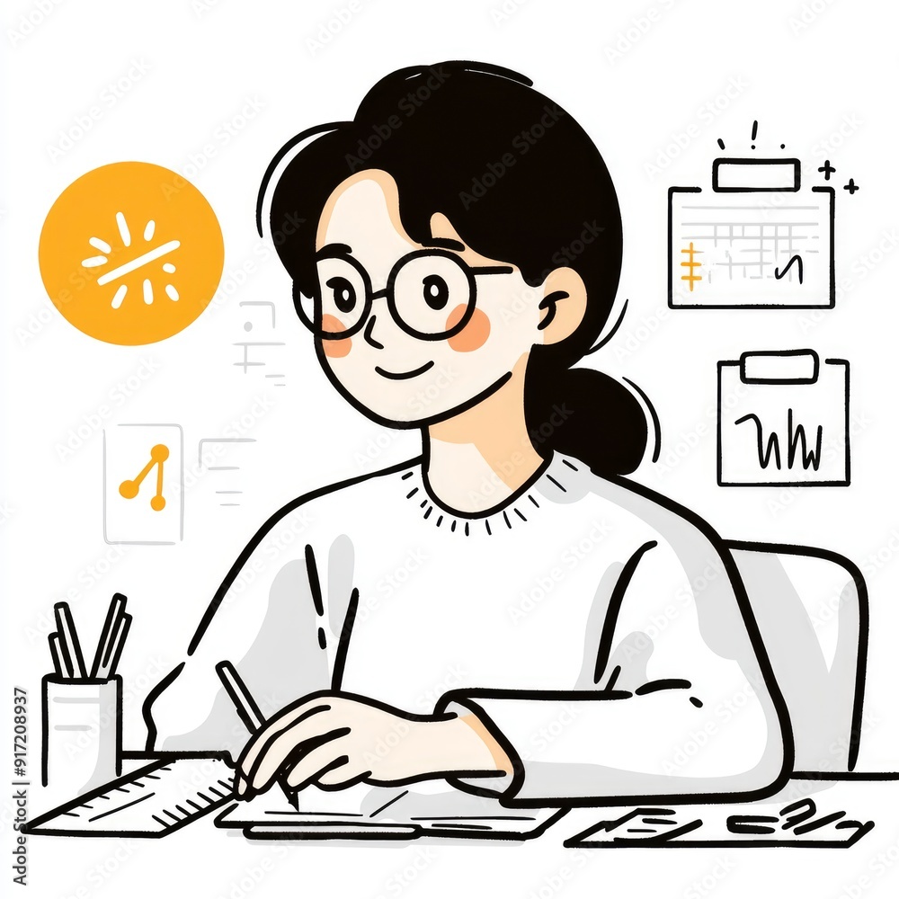 Happy Student Girl Writing in Notebook with Smiling Face Happy Student Girl Writing in Notebook with Smiling Face