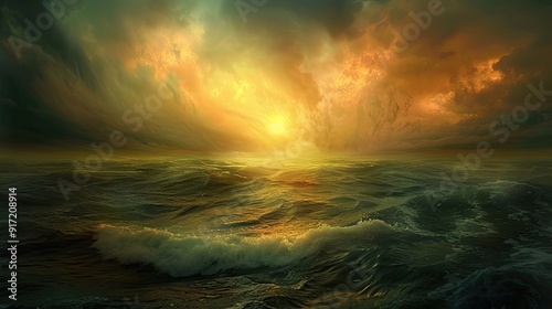 A rough and heavy sea in a thunderstorm. Large crashing ocean wave with white foam at sunset of the day. A force of nature. Digital art. Illustration for for cover, card, postcard, interior design.