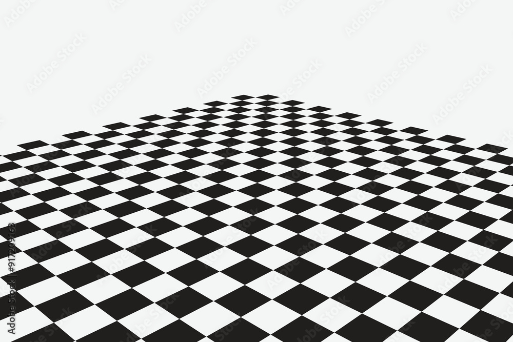 Graphic grid perspective chess background. Black silhouette on a white background.