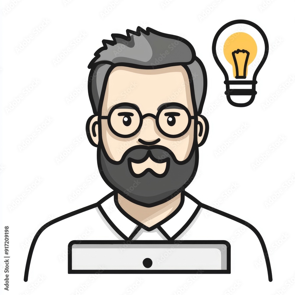 Bearded Man with Glasses and Light Bulb Thinking of an Idea Bearded Man with Glasses and Light Bulb Thinking of an Idea