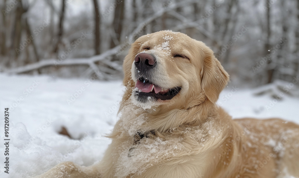 Golden retriever walks in the snow on the street. Pet. Pet care.Labrador Golden retriever walks in the snow on the street. Pet. Pet care.Labrador