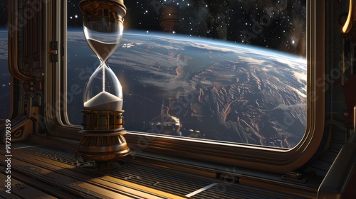 Time in Space: Hourglass on a Space Station with Earth Viewed through Window photo