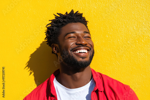Close-Up Portrait of a Smiling Black Man in Red and White Outfit, Radiating Happiness on a Sunny Day with Yellow Wall as Backdrop