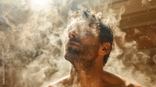 Intense man in a steam room, experiencing the heat of a sauna bath