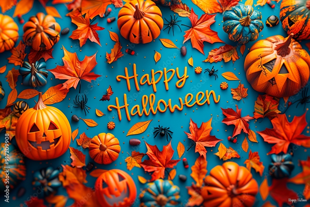 Festive jack-o-lanterns decorate a spooky halloween display in autumn evening Festive jack-o-lanterns decorate a spooky halloween display in autumn evening