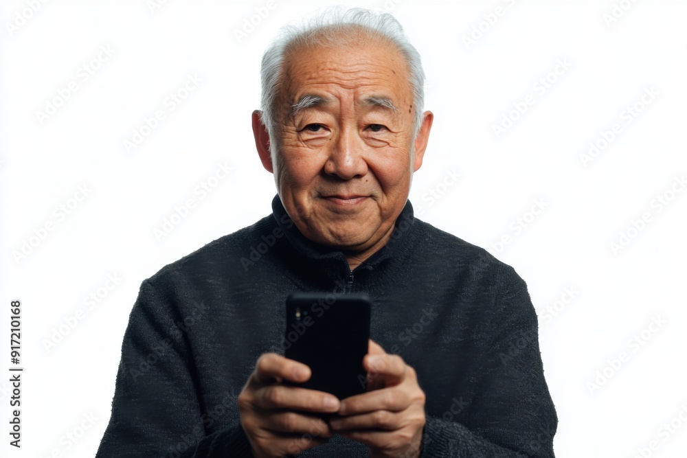 Smiling Chinese senior man using his smartphone on a white background Smiling Chinese senior man using his smartphone on a white background