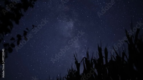 The movement of stars across the night blue sky