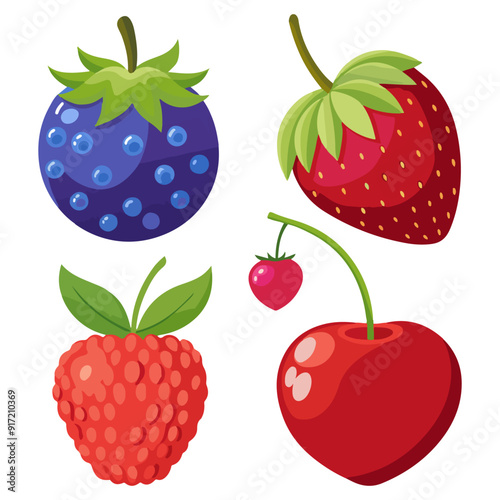 Set of tropical Berries and fruit vector illustration, Cute Strawberry, cherry, blackberry, blueberry, blueberry, raspberry outline,  tropical Berries, and fruit icon set.