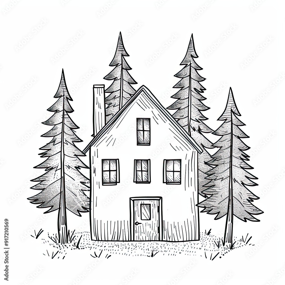 A cabin in a snow-covered coniferous forest. Hunting cabin surrounded by trees. A lonely wooden house in a secluded place. Black and white drawing. Illustration for varied design. A cabin in a snow-covered coniferous forest. Hunting cabin surrounded by trees. A lonely wooden house in a secluded place. Black and white drawing. Illustration for varied design.
