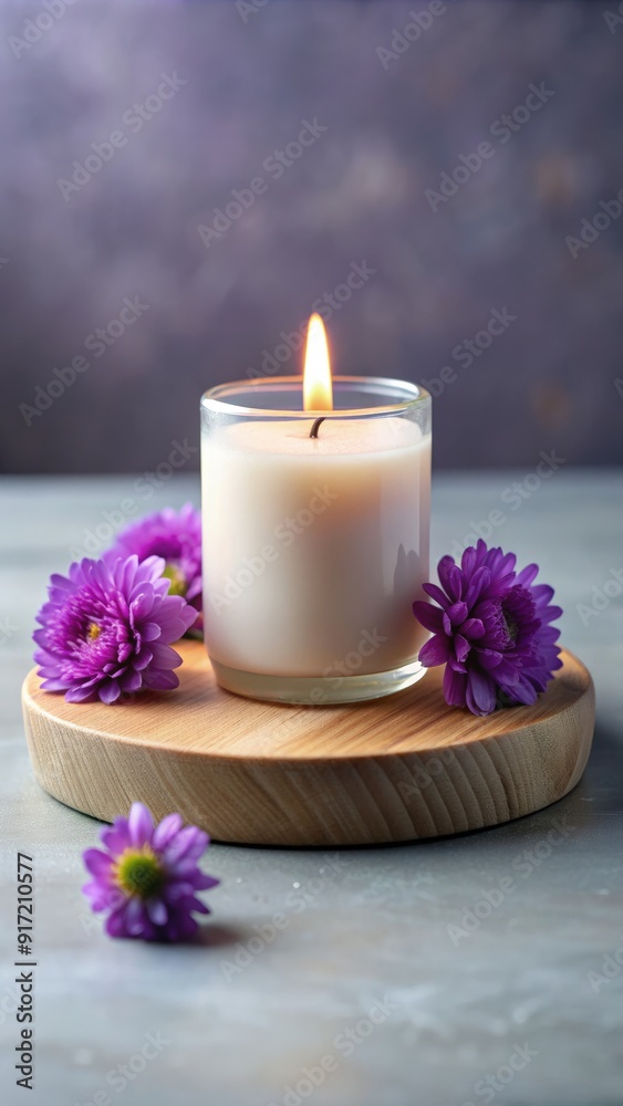 A lit candle surrounded by purple flowers on a wooden surface in a softly lit setting. Generative AI A lit candle surrounded by purple flowers on a wooden surface in a softly lit setting. Generative AI