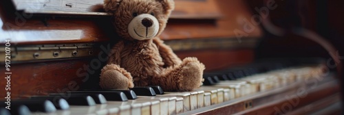 Teddy bear toy placed on a children s piano photo