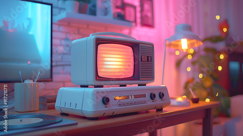 Vintage TV with Color Bars in Cozy Retro Living Room. AI generative. photo