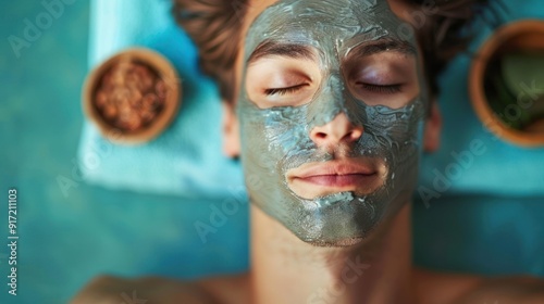 Serene young man with a face mask, relaxing in a spa