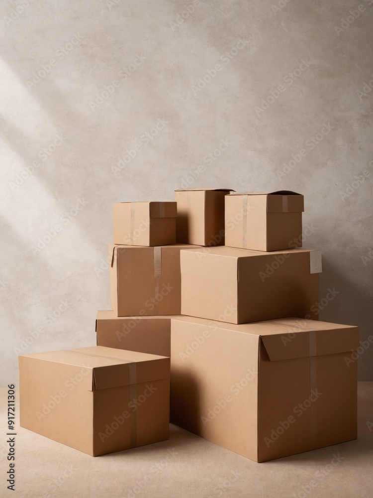 A minimalist arrangement of cardboard boxes of various sizes stacked together. The warm lighting and neutral tones create a cozy and organized atmosphere, perfect for themes of storage, moving, or pac A minimalist arrangement of cardboard boxes of various sizes stacked together. The warm lighting and neutral tones create a cozy and organized atmosphere, perfect for themes of storage, moving, or pac