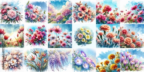 Fototapeta Naklejka Na Ścianę i Meble -  Flowers draw in watercolor splash style. AI generated illustration