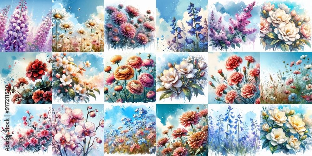 Flowers draw in watercolor splash style. AI generated illustration Flowers draw in watercolor splash style. AI generated illustration