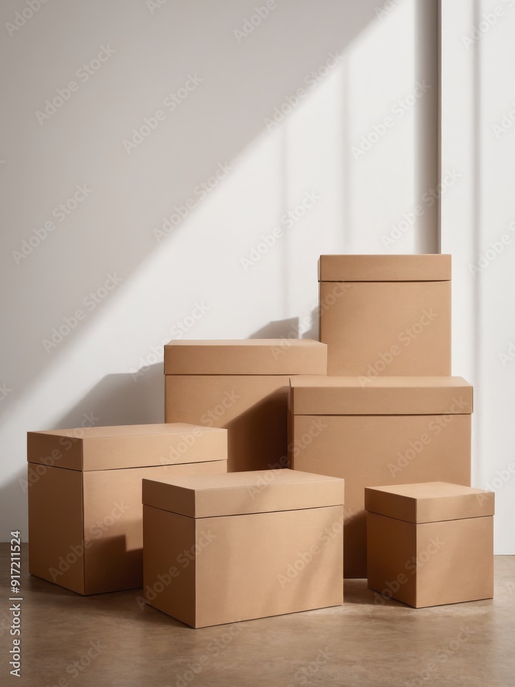 A minimalist arrangement of cardboard boxes of various sizes stacked together. The warm lighting and neutral tones create a cozy and organized atmosphere, perfect for themes of storage, moving, or pac A minimalist arrangement of cardboard boxes of various sizes stacked together. The warm lighting and neutral tones create a cozy and organized atmosphere, perfect for themes of storage, moving, or pac