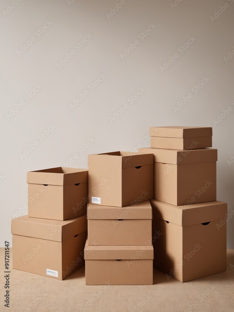 A minimalist arrangement of cardboard boxes of various sizes stacked together. The warm lighting and neutral tones create a cozy and organized atmosphere, perfect for themes of storage, moving, or pac A minimalist arrangement of cardboard boxes of various sizes stacked together. The warm lighting and neutral tones create a cozy and organized atmosphere, perfect for themes of storage, moving, or pac