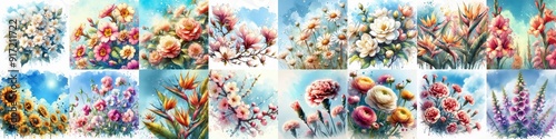 Wallpaper Mural Flowers draw in watercolor splash style. AI generated illustration Torontodigital.ca
